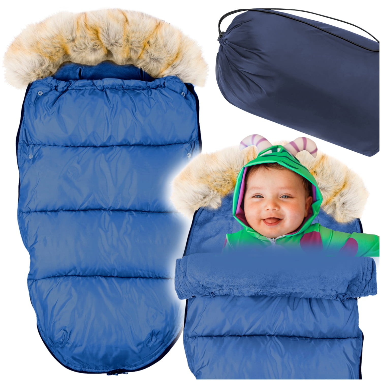 Blauwe voetenzak - kinderwagen - bont - tas - hoes - 90x45 cm