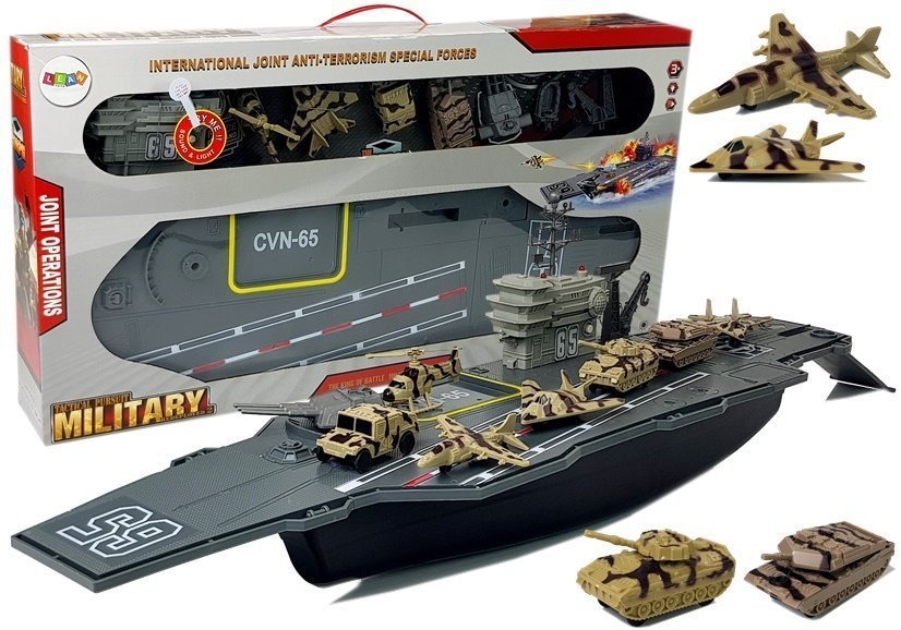 Vliegdekschip speelgoed - 86x20x18cm - met militaire voertuigen