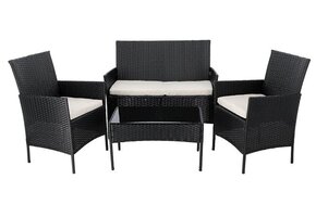 Rattan tuinmeubelset - zwart met beige kussens - bank, 2 fauteuils, tafel