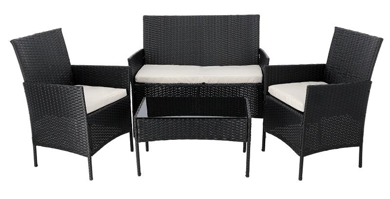 Rattan tuinmeubelset - zwart met beige kussens - bank, 2 fauteuils, tafel