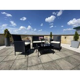 Rattan tuinmeubelset - zwart met beige kussens - bank, 2 fauteuils, tafel