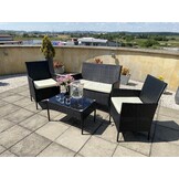 Rattan tuinmeubelset - zwart met beige kussens - bank, 2 fauteuils, tafel