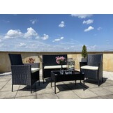 Rattan tuinmeubelset - zwart met beige kussens - bank, 2 fauteuils, tafel