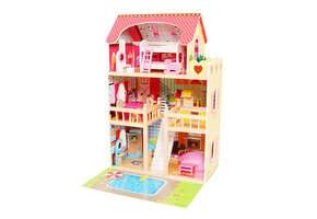 Houten poppenhuis - met verlichting -  16 meubels