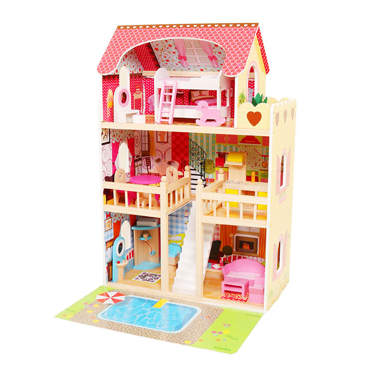 Houten poppenhuis - met verlichting -  16 meubels