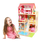Houten poppenhuis - met verlichting - 16 meubels