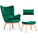 Fluwelen oorfauteuil - donkergroen - met voetenbank