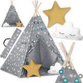 Kinder tipi tent met lichtjes - grijs met sterren - 120x120x165 cm