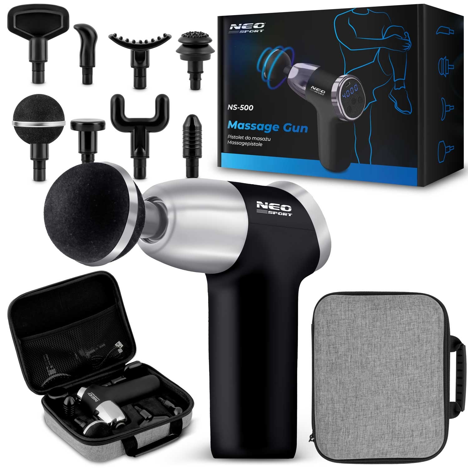 Massagepistool - 8 verwisselbare opzetstukken - zwart