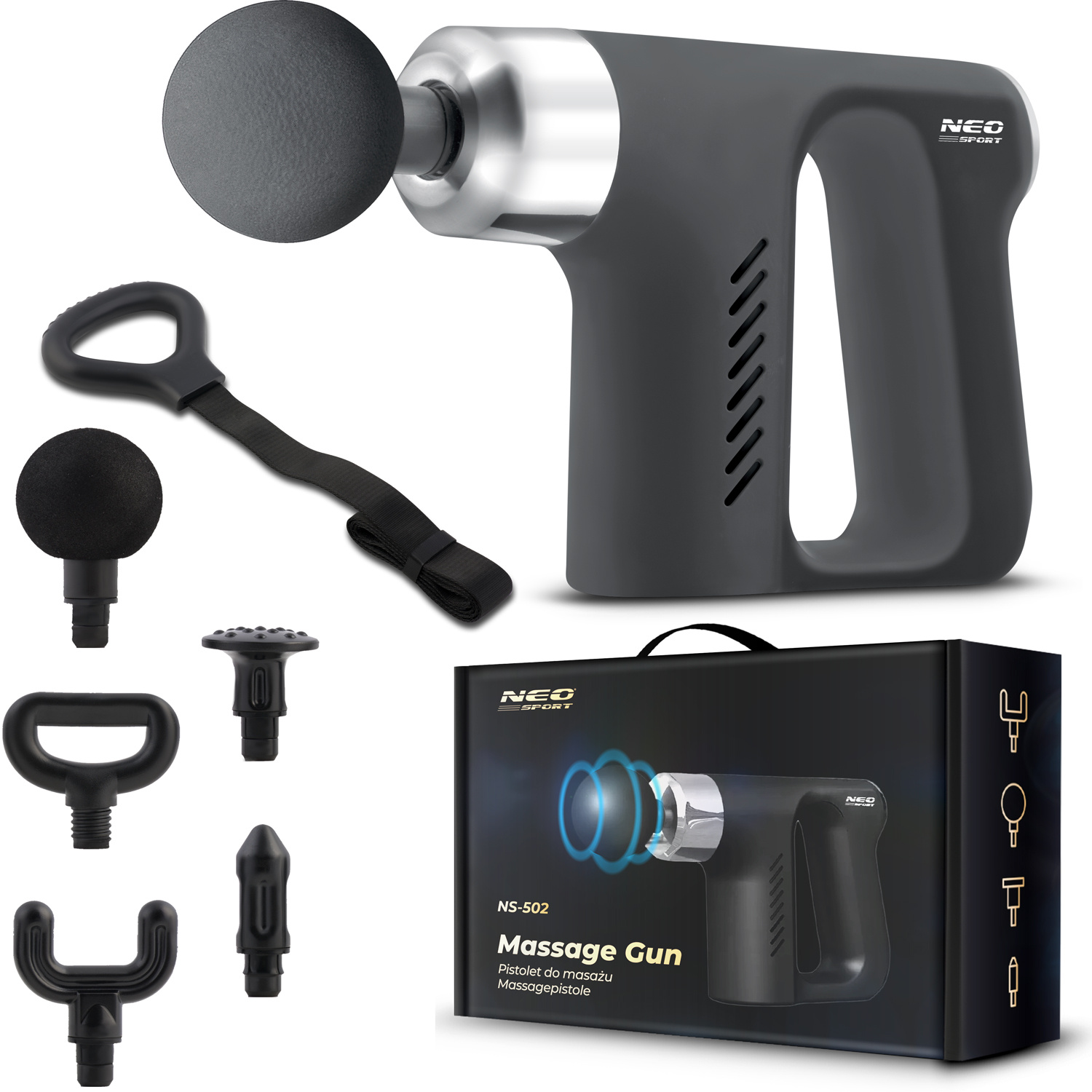 Massagepistool - 4 verwisselbare opzetstukken - zwart