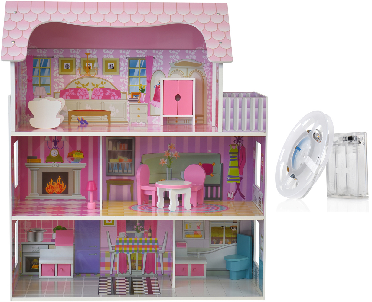 Poppenhuis met verlichting - hout - LED