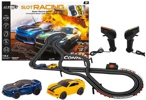 Racebaan - 2 auto's - 1:64 - geel blauw