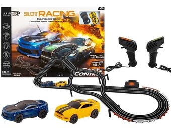 Racebaan - 2 auto's - 1:64 - geel blauw