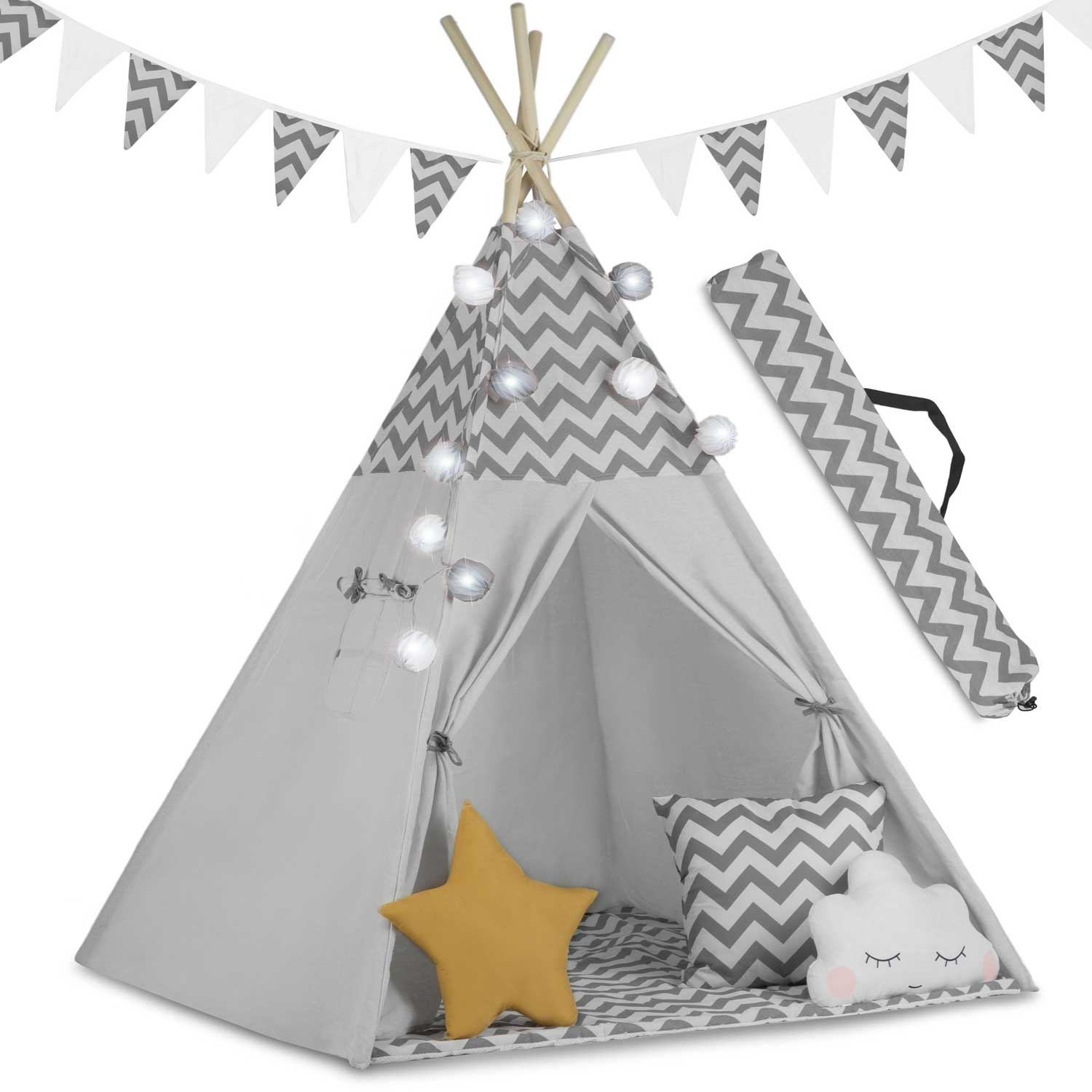 Kinder tipi tent - met lichtjes - grijs - 120x120x165 cm