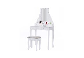 Houten kaptafel - met lade - spiegel - led - kruk - 147x80x40cm