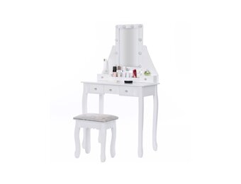 Houten kaptafel - met lade - spiegel - led - kruk - 147x80x40cm