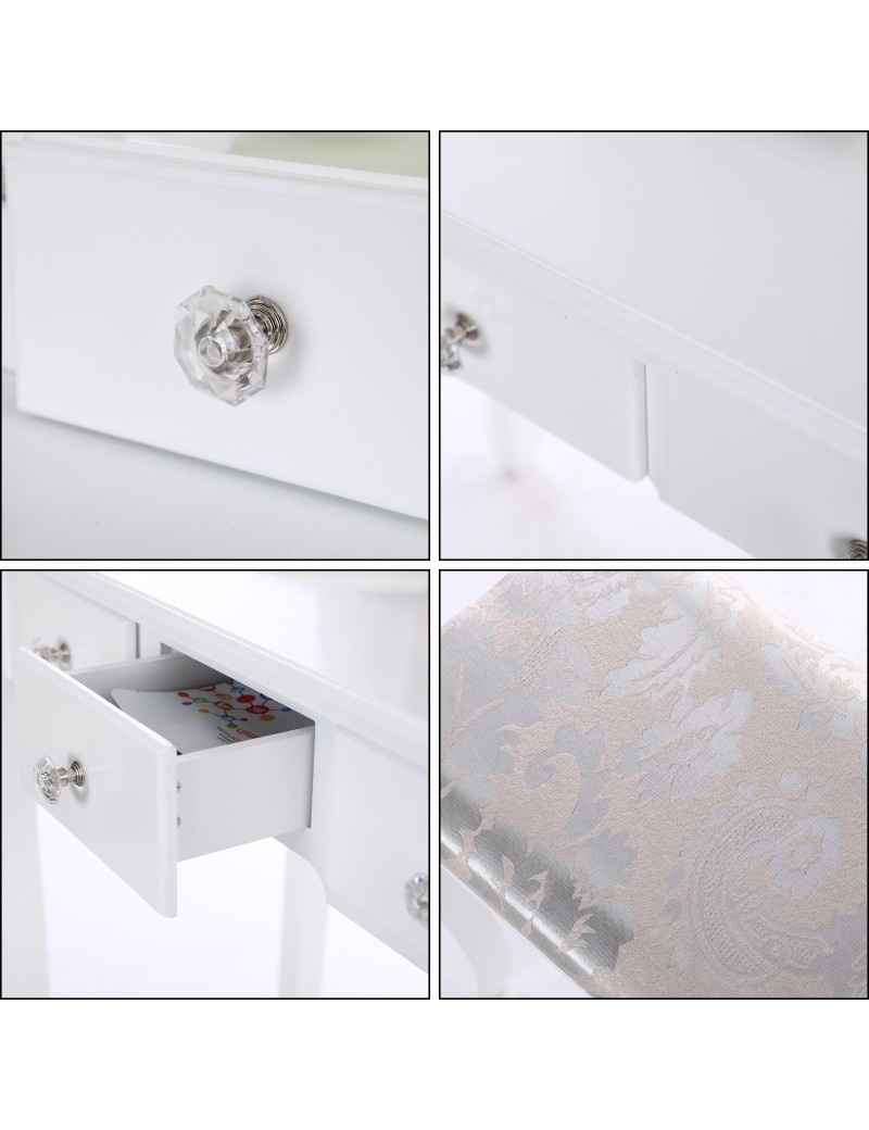 Houten kaptafel - met lade - spiegel - led - kruk - 147x80x40cm
