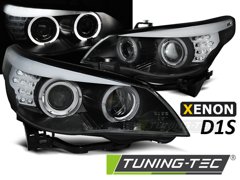 Koplampen Xenon D1S - voor BMW E60/E61 2005-2007 - LED angel eyes - zwart