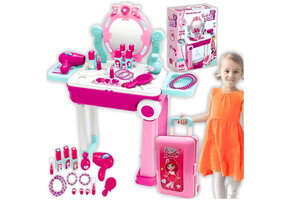 Speelgoed kaptafel met koffer - roze - draagbaar