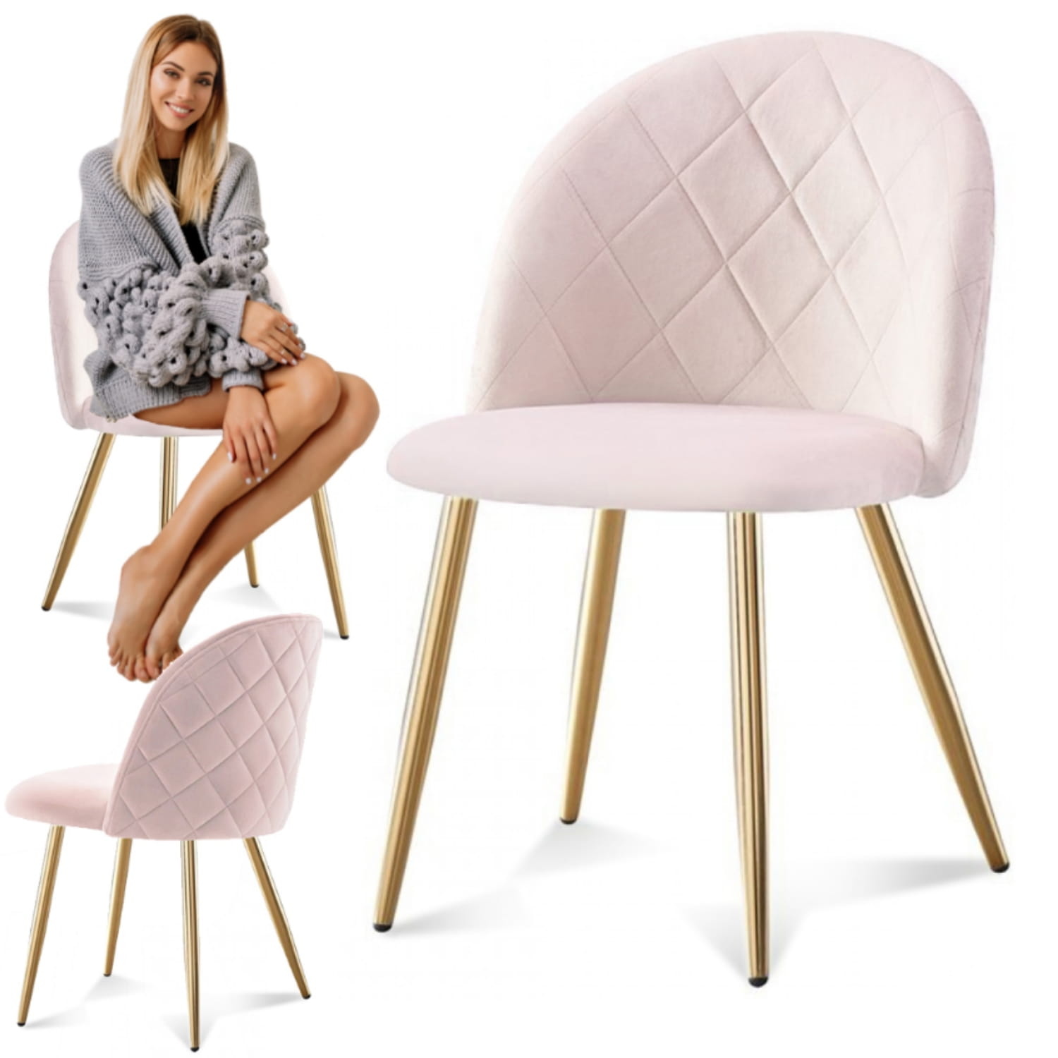 Fluwelen eetkamerstoel roze goud - Poederroze - Gouden poten - Glamour