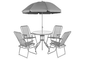 Tuinset met parasol - Donkergrijs - Ronde tafel - 4 stoelen
