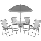 Tuinset met parasol - Donkergrijs - Ronde tafel - 4 stoelen