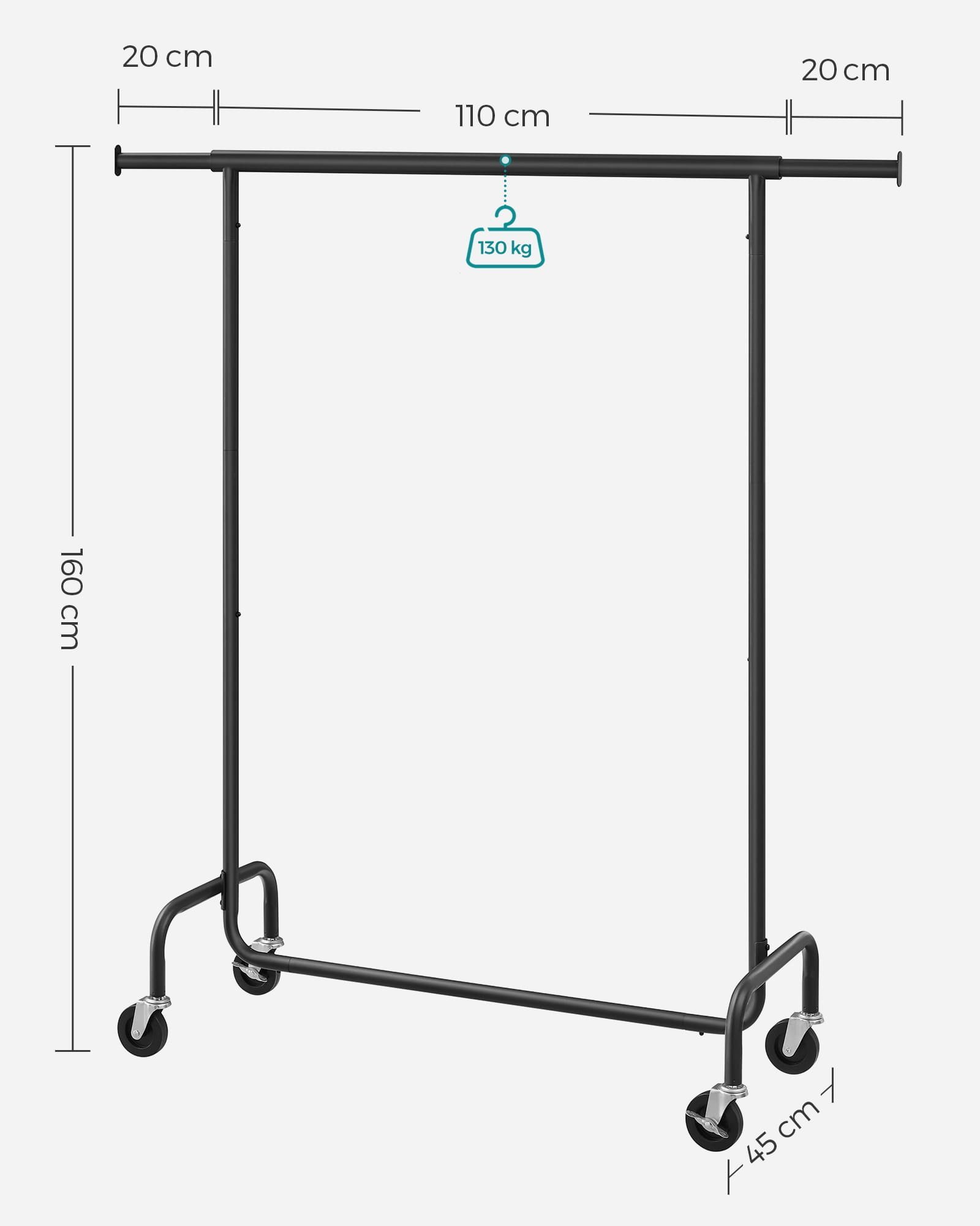 Kledingrek op wielen - Zwart - Staal - 150 x 45 x 160 cm