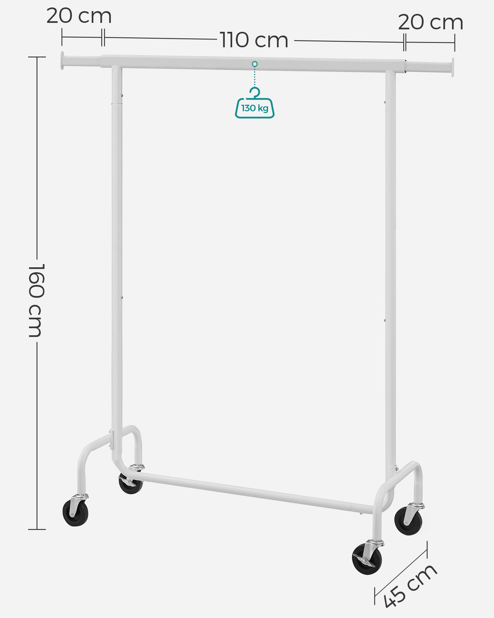 Kledingrek op wielen - Wit - 150 x 45 x 160 cm