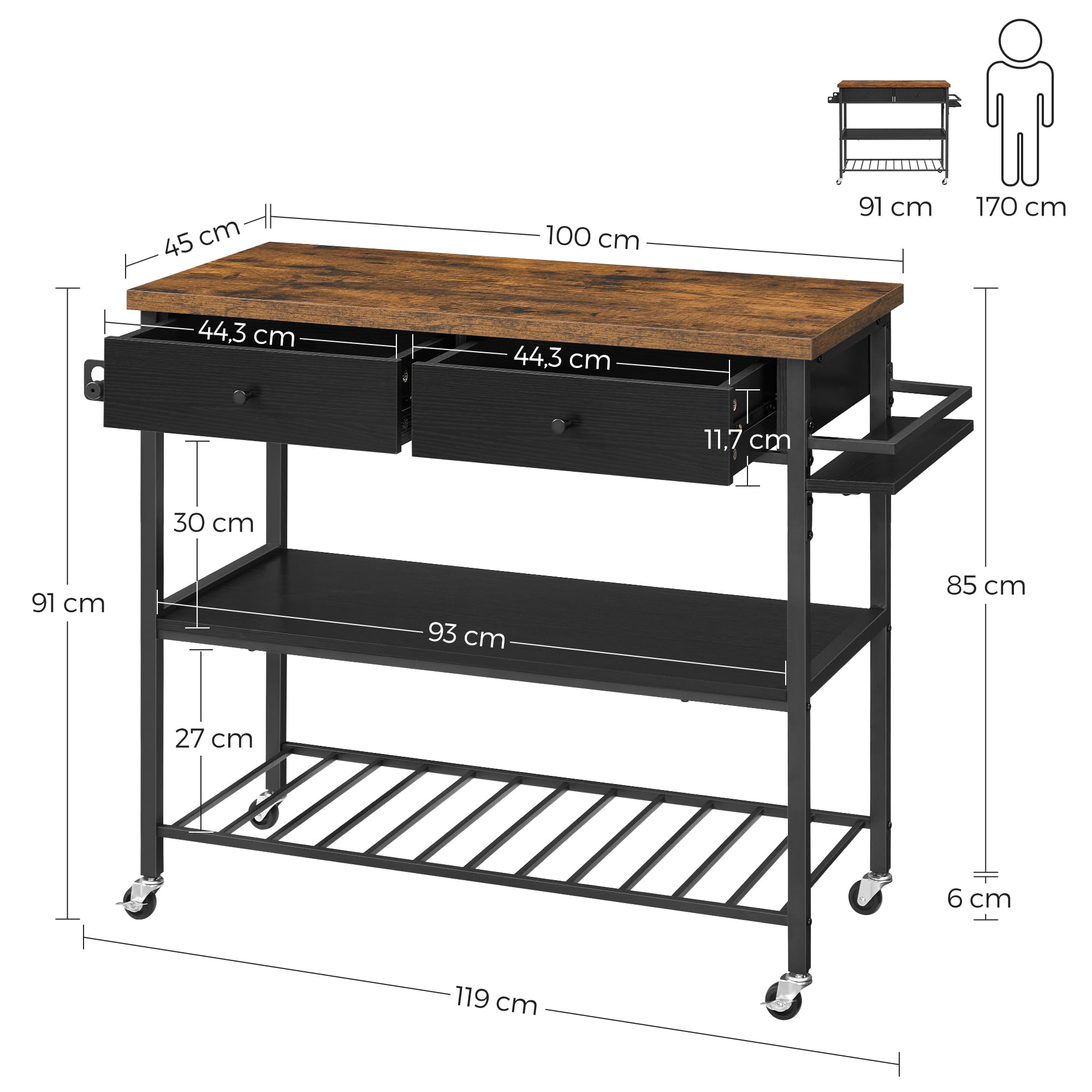 Keukeneiland op wielen - Zwart - MDF - 119 x 45 x 91 cm