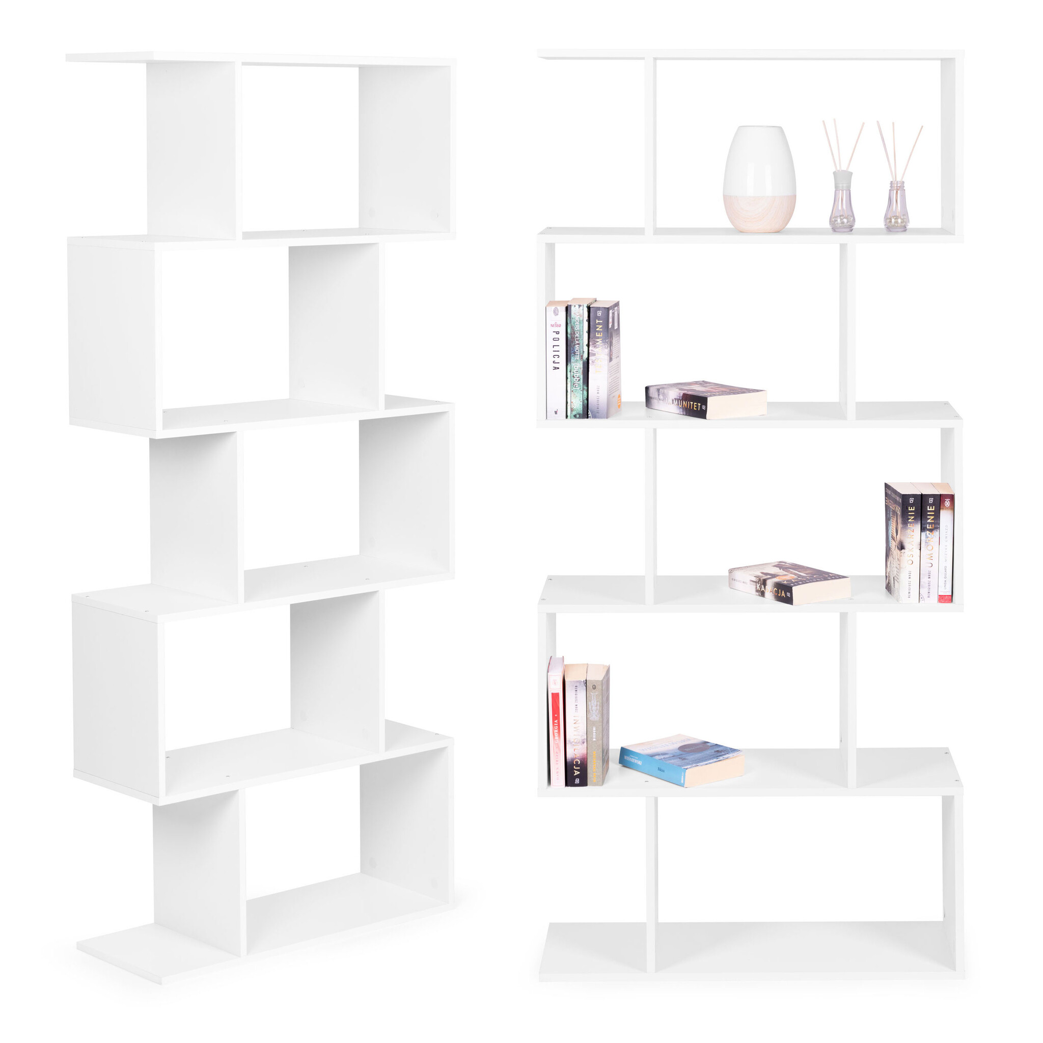 Witte design boekenkast - 5 planken - Geruit patroon - 175 x 28 x 77 cm