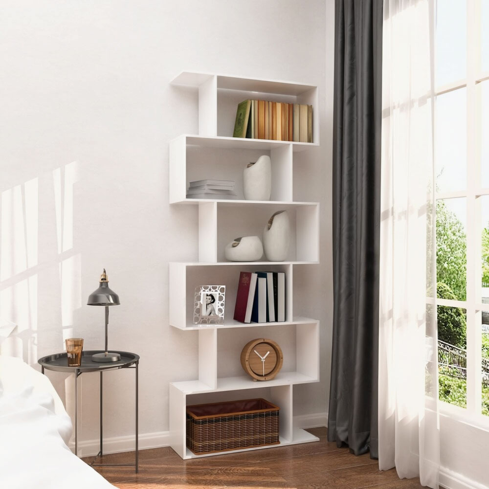 Witte design boekenkast - 5 planken - Geruit patroon - 175 x 28 x 77 cm