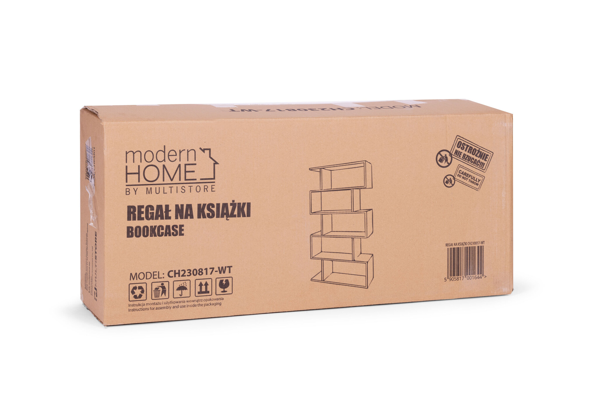 Witte design boekenkast - 5 planken - Geruit patroon - 175 x 28 x 77 cm