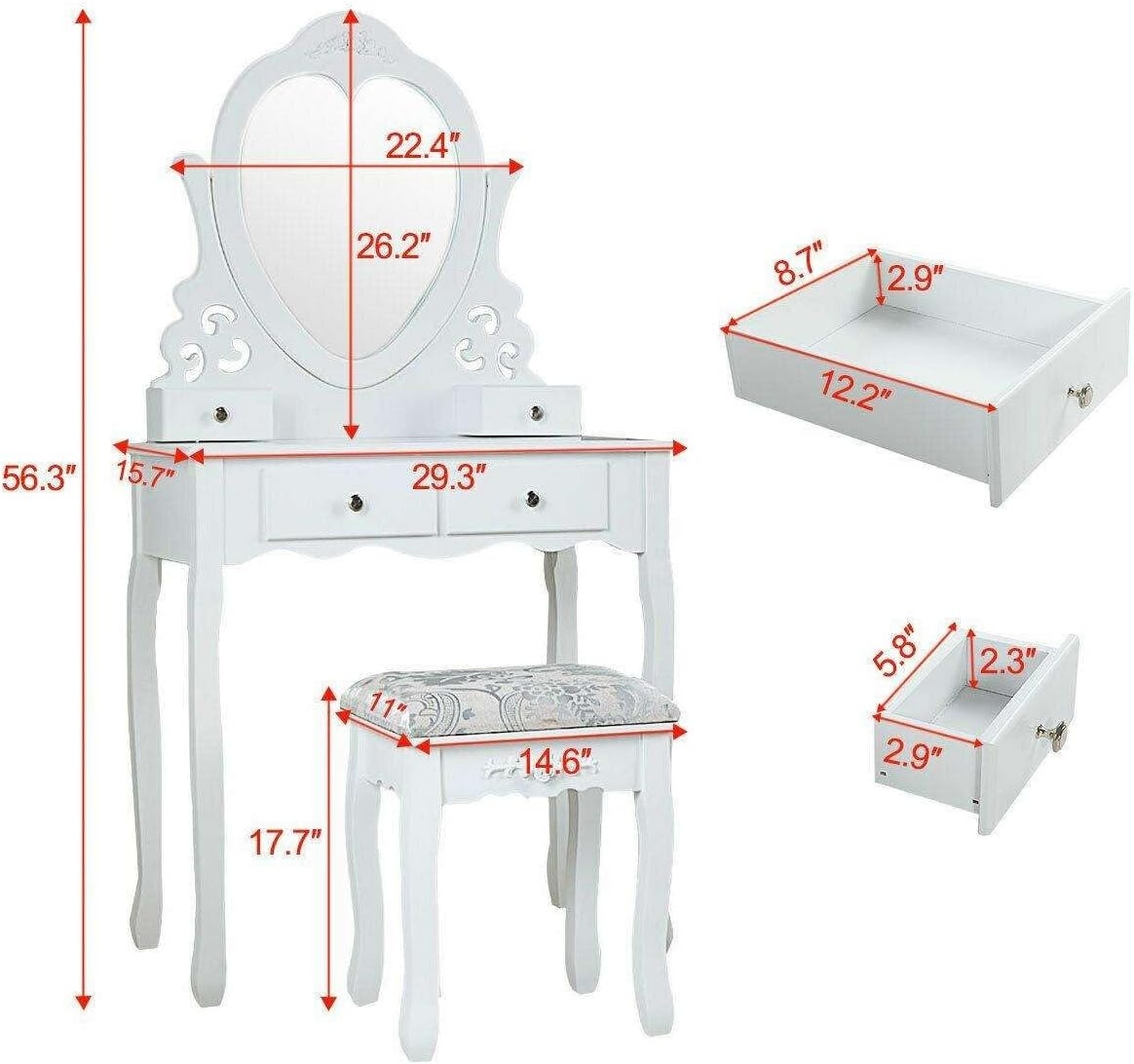 Kaptafel met hartvormige spiegel & krukje - 74x40x143cm - wit