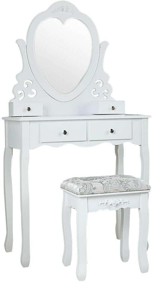 Kaptafel - met hartvormige spiegel & krukje - 50x30x136cm - wit