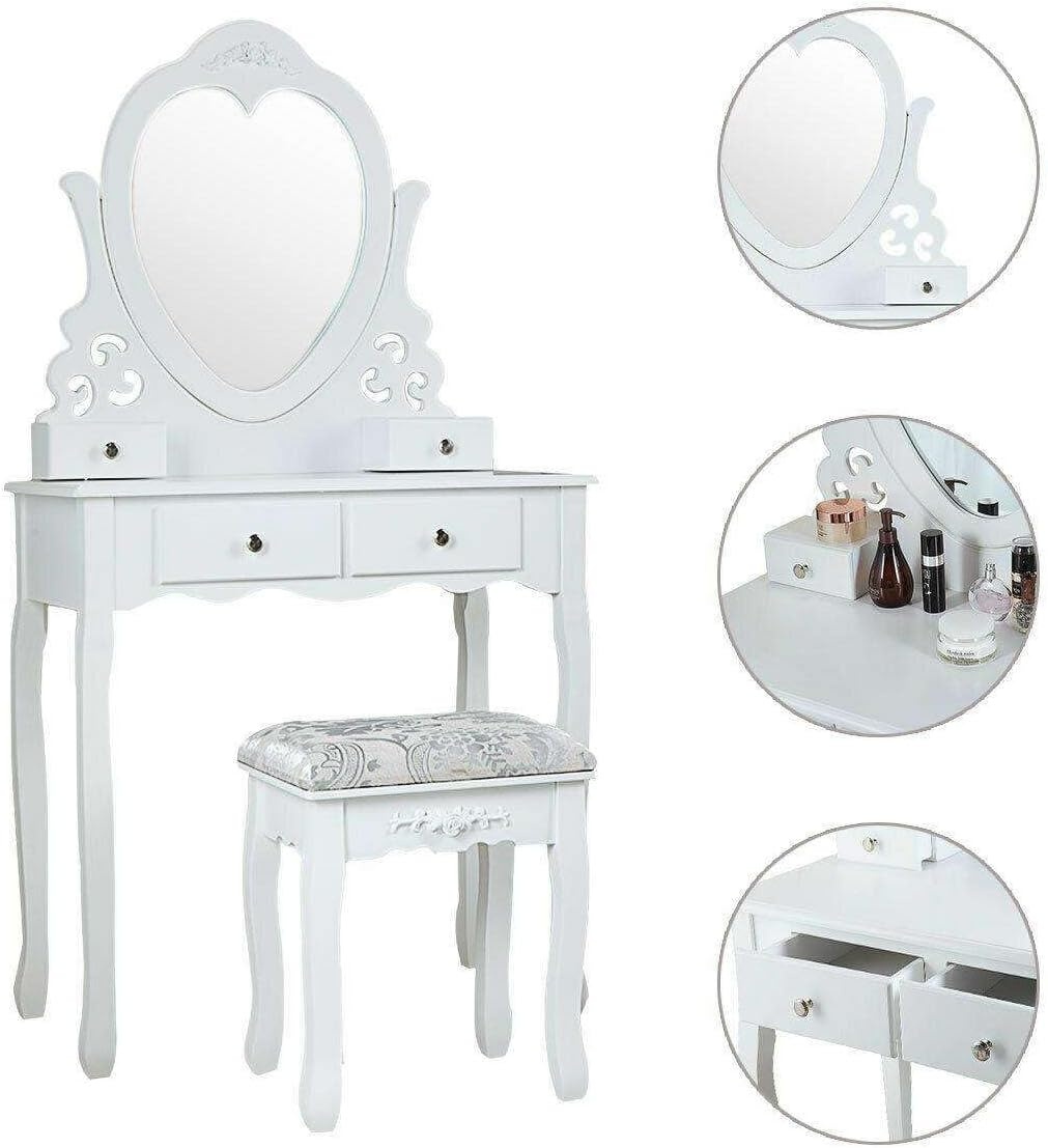 Kaptafel - met hartvormige spiegel & krukje - 50x30x136cm - wit