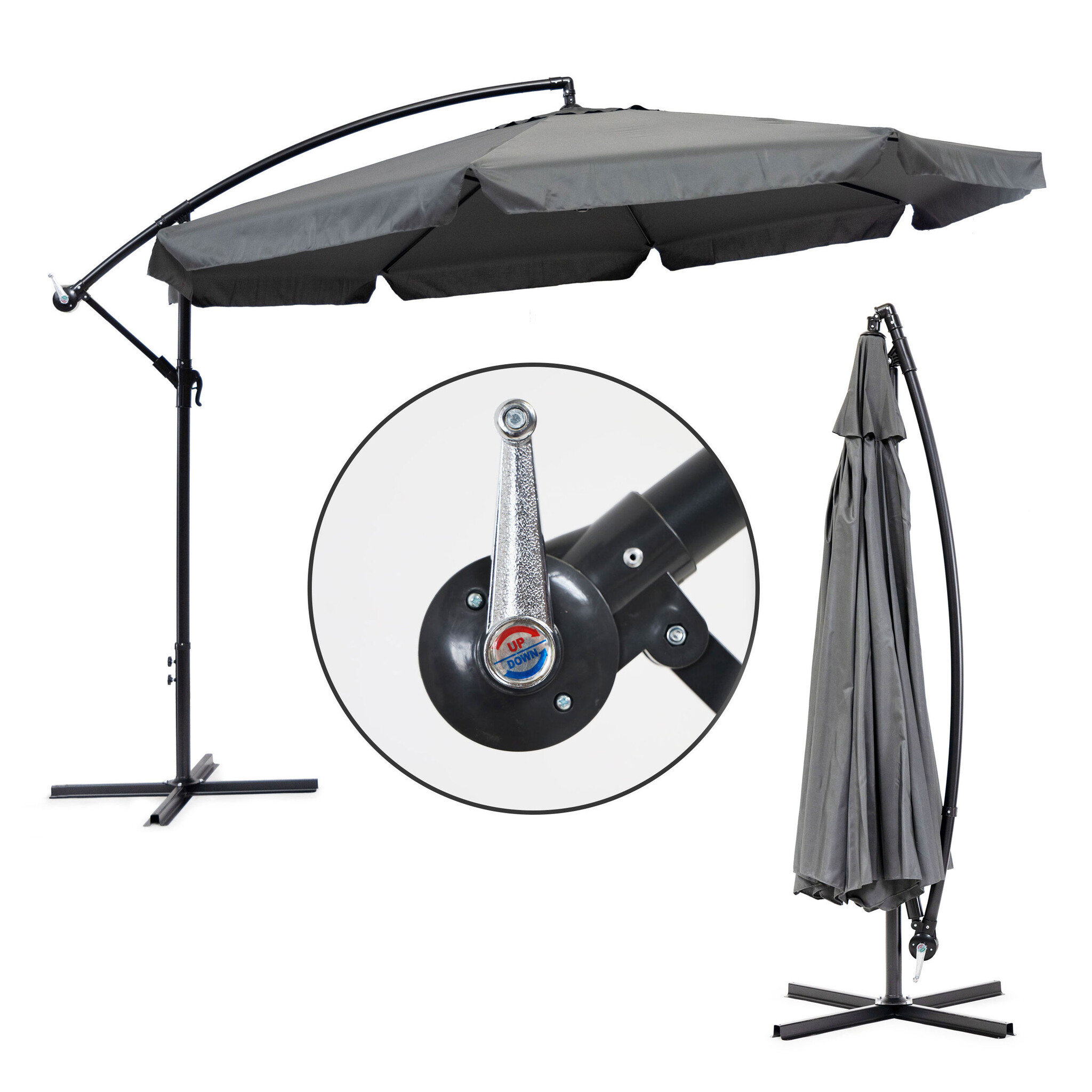 Zweefparasol - grijs- opvouwbaar - Ø 3,5m - 270 cm hoog