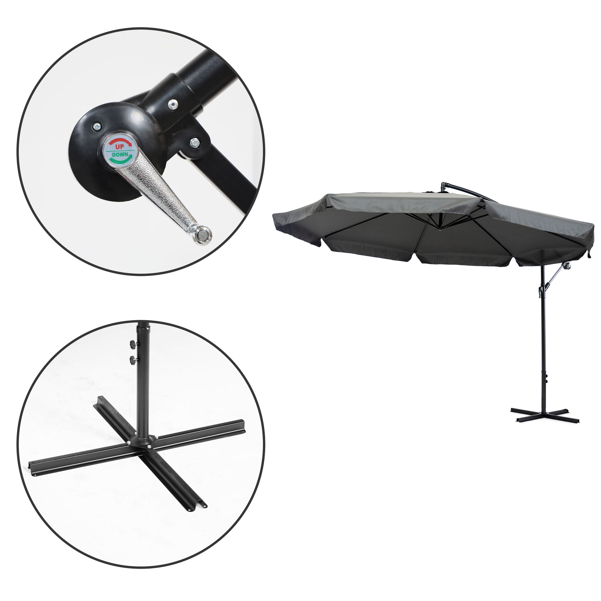 Zweefparasol - grijs- opvouwbaar - Ø 3,5m - 270 cm hoog