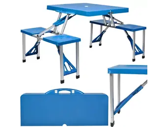 Inklapbare tafel en krukjes - campingtafel - met koffer - blauw