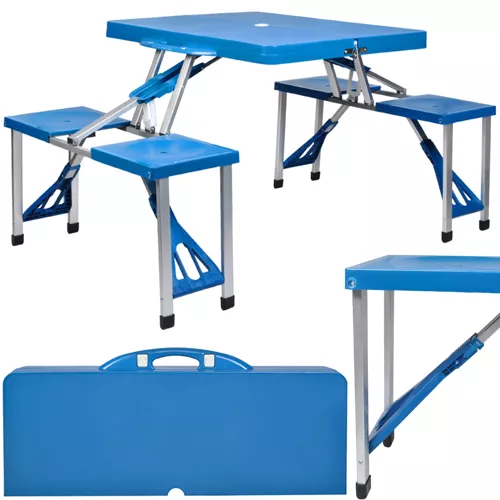Inklapbare tafel en krukjes - campingtafel - met koffer - blauw