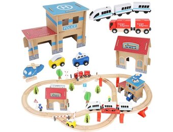 Houten treinbaan - elektrische trein - 89 delig - 90x50x14,5 cm