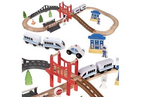 Houten treinbaan - elektrische trein - 37 delig - 85x42x14,5 cm