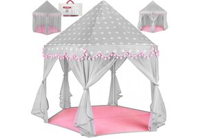 Speeltent - met gordijnen - 123 x 123 x 140 cm - grijs/roze