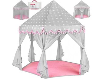 Speeltent - met gordijnen - 123 x 123 x 140 cm - grijs/roze