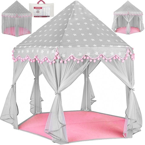 Speeltent - met gordijnen - 123 x 123 x 140 cm - grijs/roze