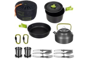Camping pannenset - 18-delig - 30x20x19cm - zwart groen