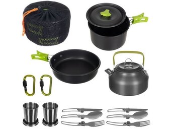Camping pannenset - 18-delig - 30x20x19cm - zwart groen
