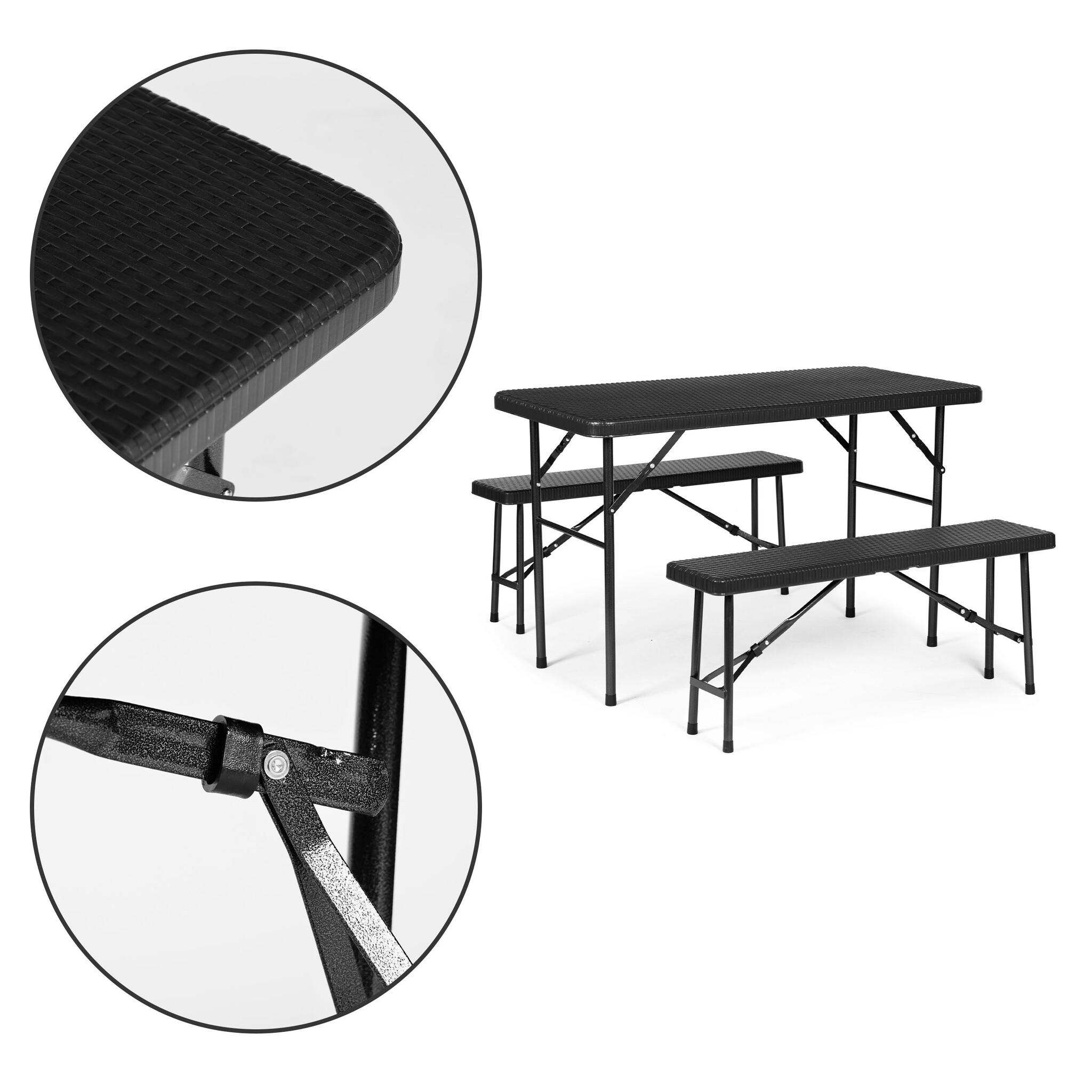 Klaptafel met banken - 120x70x74cm - 4 personen - rotan - zwart
