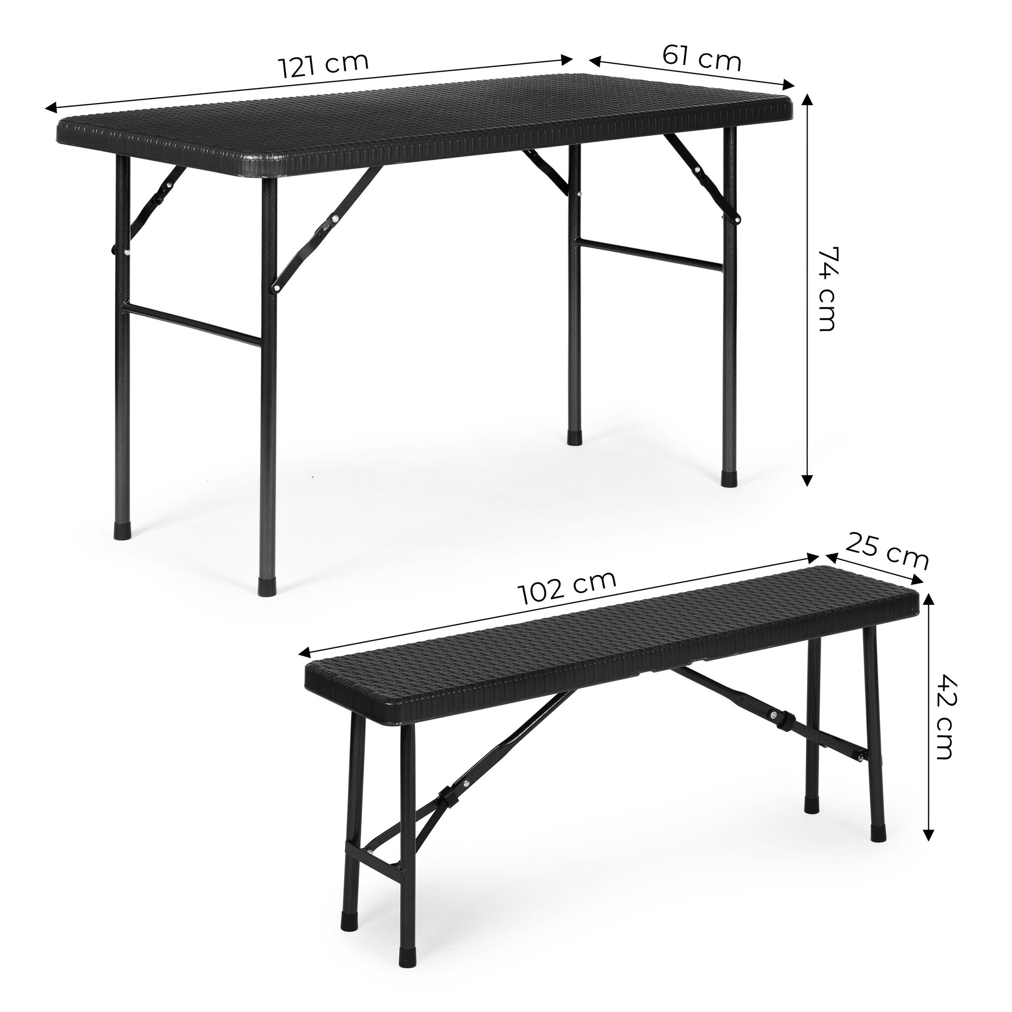 Klaptafel met banken - 120x70x74cm - 4 personen - rotan - zwart