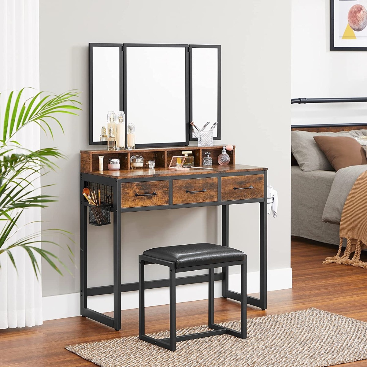 Kaptafel met krukje - uitklapbare spiegel - 90x40x141 cm