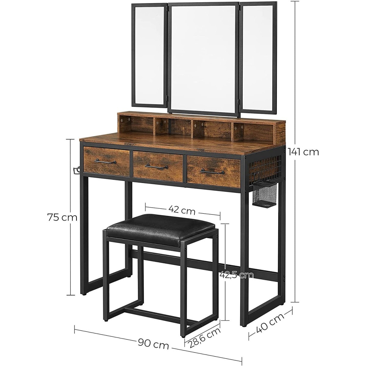 Kaptafel met krukje - uitklapbare spiegel - 90x40x141 cm